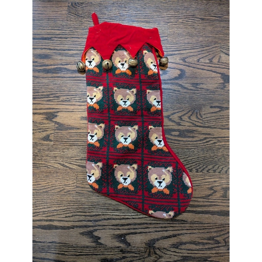 Vintage Needlepoint Christmas Stocking Country Bear Bells Red Velvet Candamar